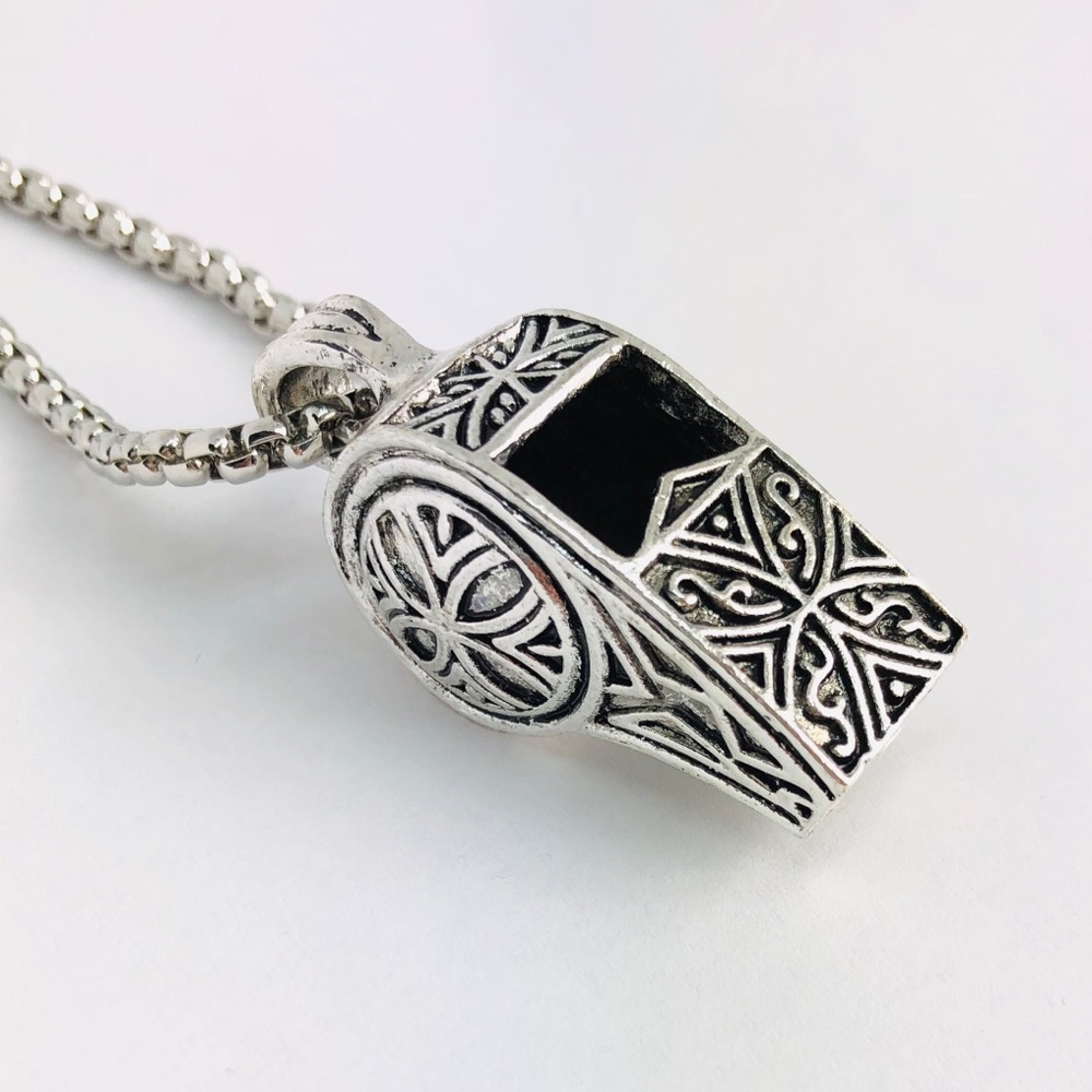 New! Vintage Whistle Pendant Long Necklace Silver